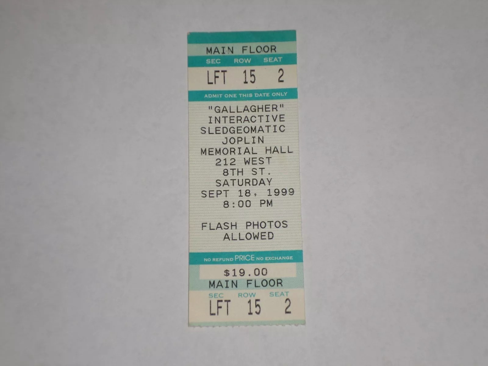 1999 Gallagher ticket for a performance at Joplin Memorial Hall