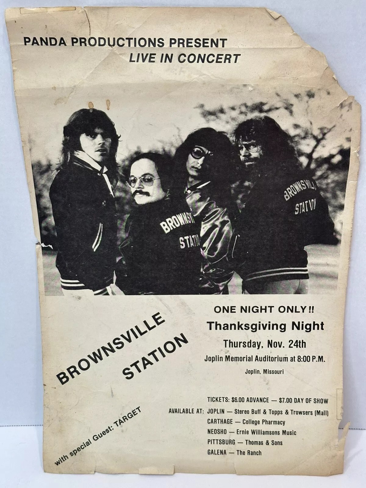 Late-1970s Brownsville Station handbill for a Thanksgiving-night concert at Joplin Memorial Auditorium.